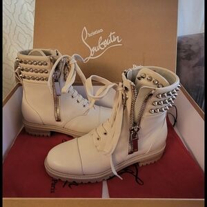 Christian Louboutin Cream Studded Combat Boots
